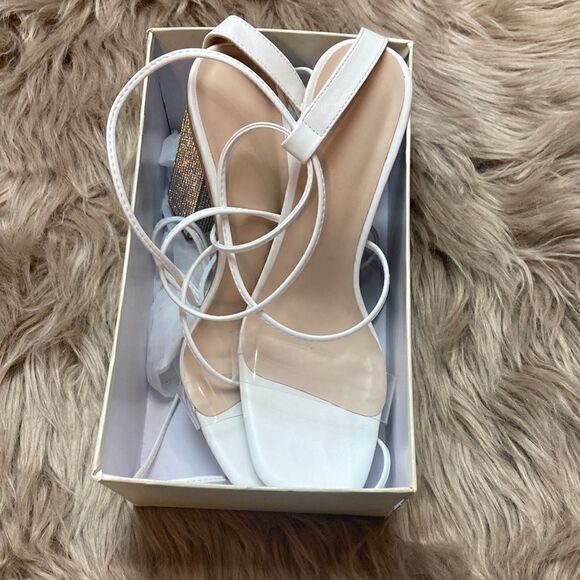 Rhinestones Block Heel Lace Up Ankle Wrap Sandals - Picture 11 of 16